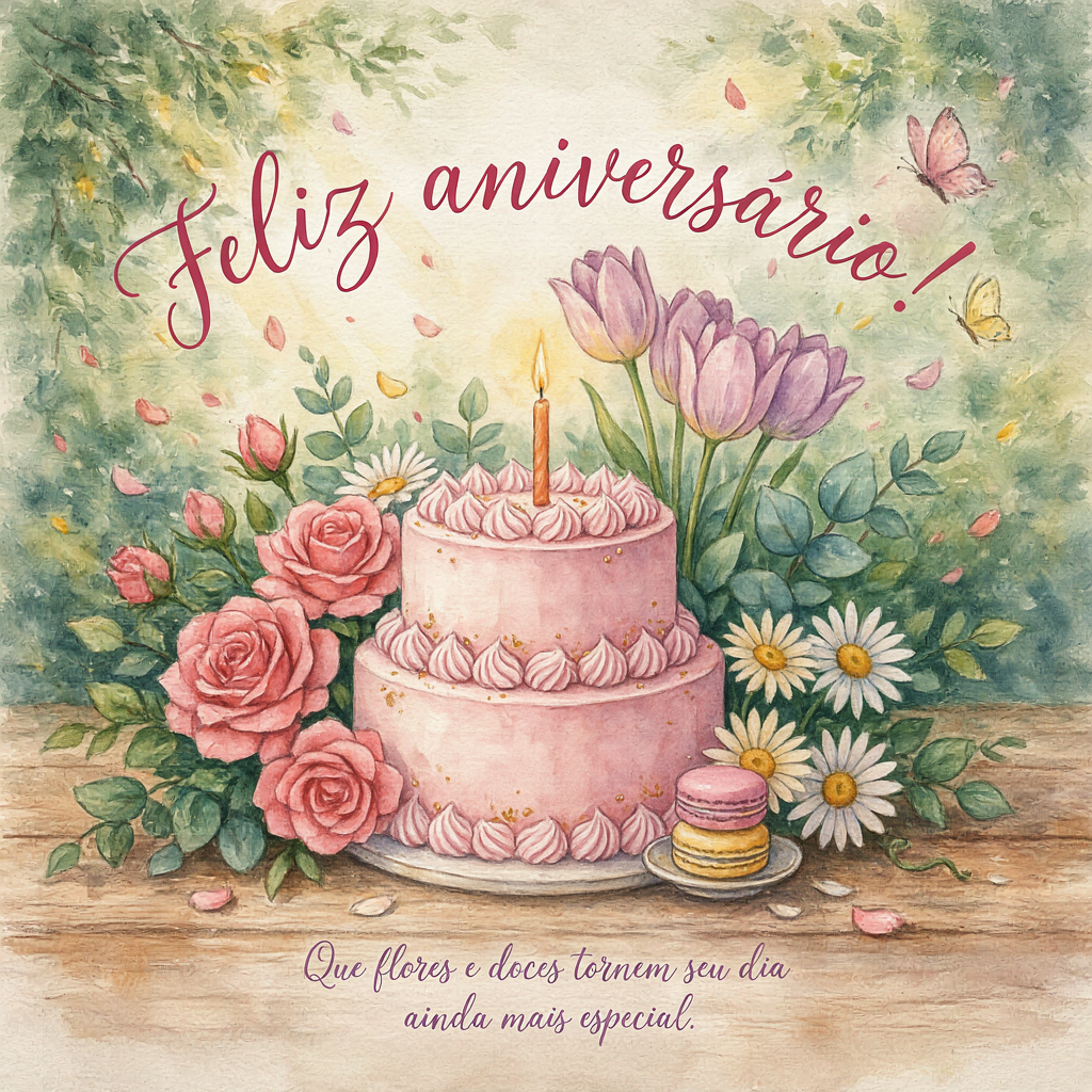 Mensagens de Aniversário com Flores e Bolo