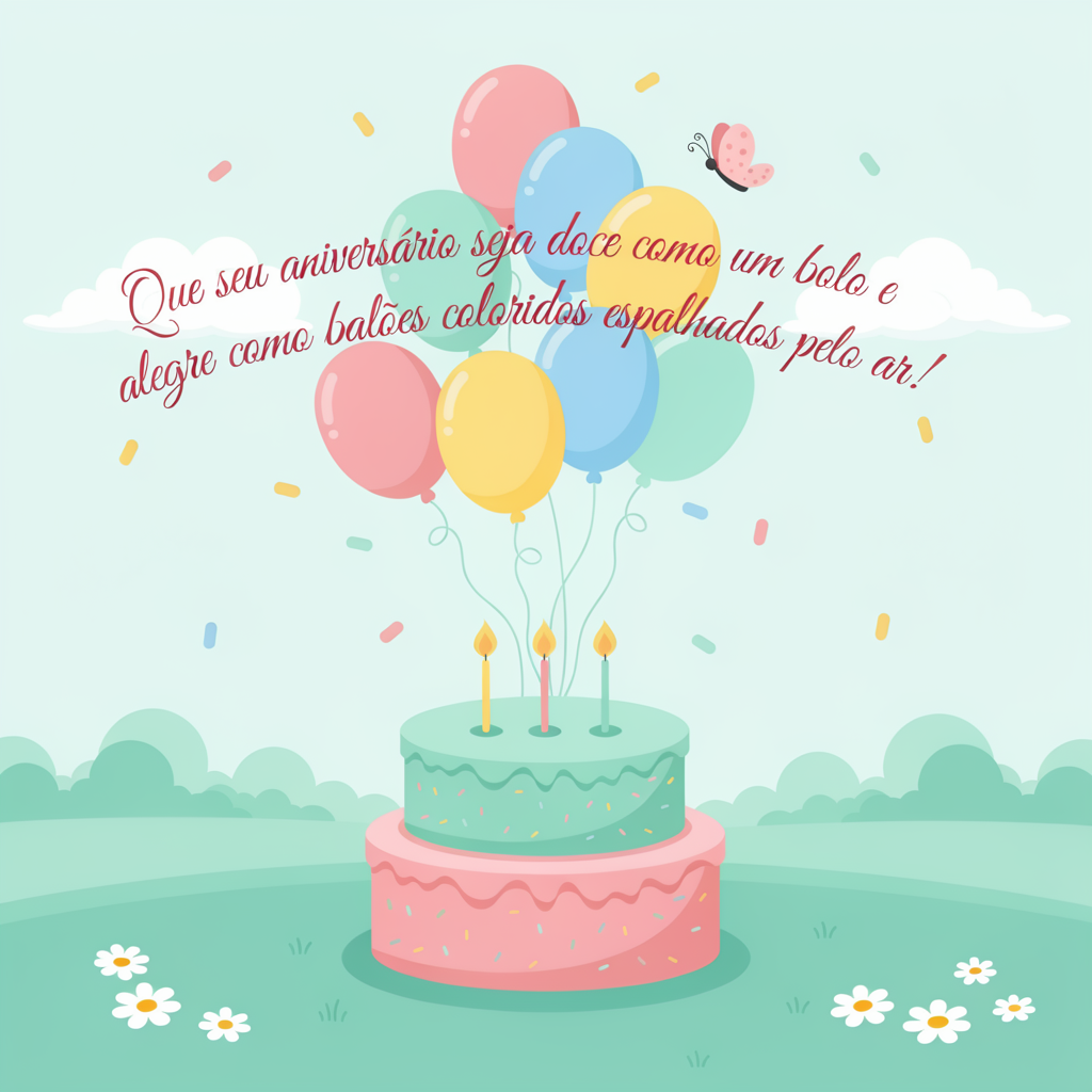 Mensagem de aniversário com bolo e balões