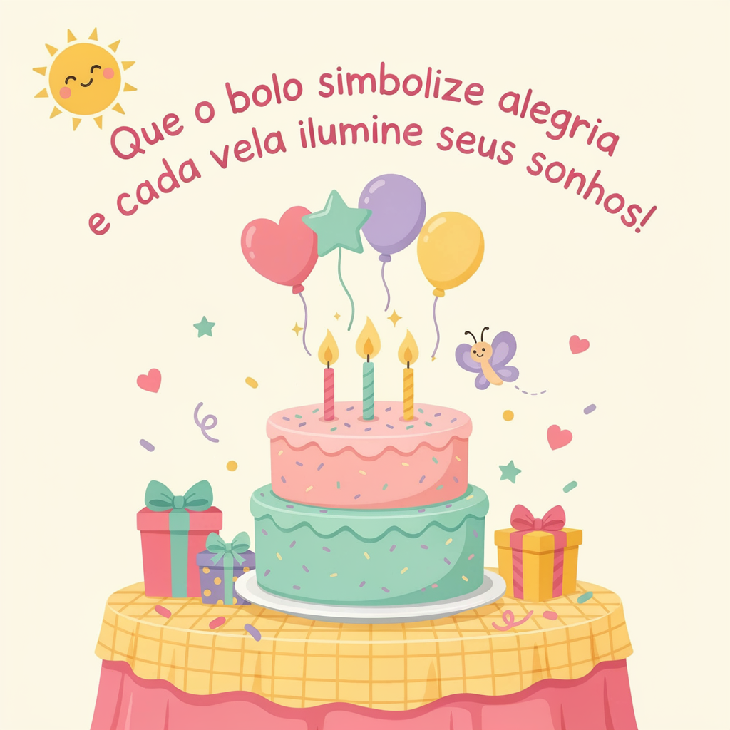 Mensagem de aniversário com bolo de aniversário
